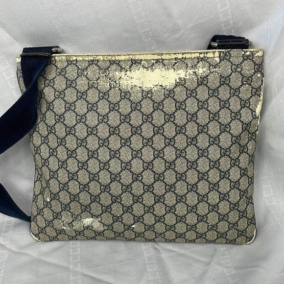 Gucci Monogram GG Supreme Flat Messenger Shoulder Crossbody Bag Navy Blue Beige - Picture 6 of 17
